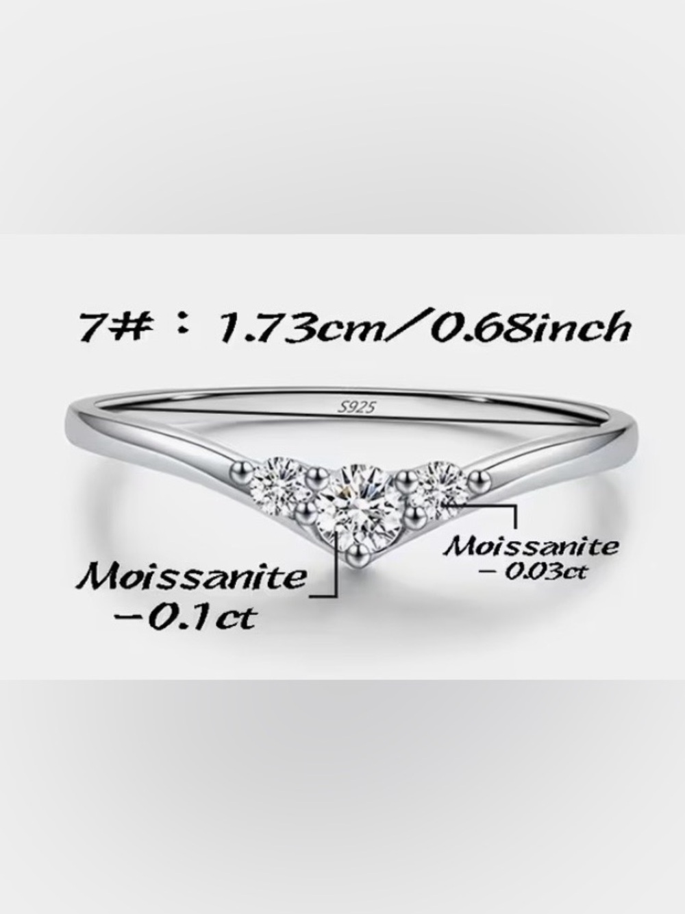 NEW Sterling Silver V-Shape Three-Stone Moissanite Ring - Picture 3 of 3